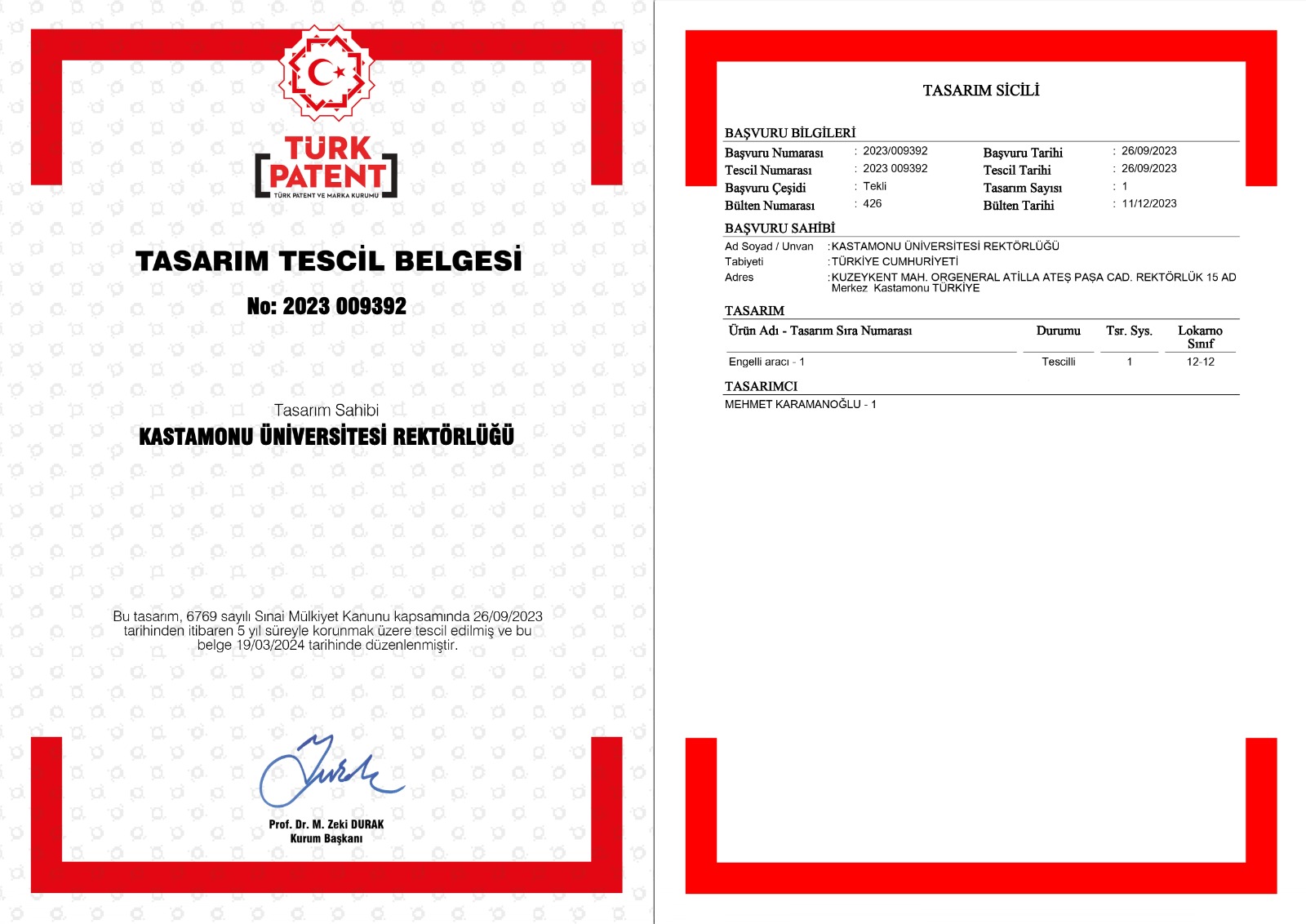 Yüksekokulumuz Akademisyeninden Tasarım Tescili